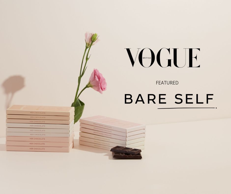 Bare Self Her chocolate, Pregnancy Chocolate, Breastfeeding Chocolate, Rose delight stacked with flower. Vogue Logo featured bare self logo.