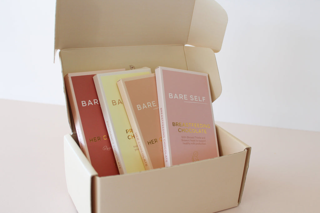 Bare Self rose delight, Pregnancy, salted caramel and breastfeeding chocolate in postal box.