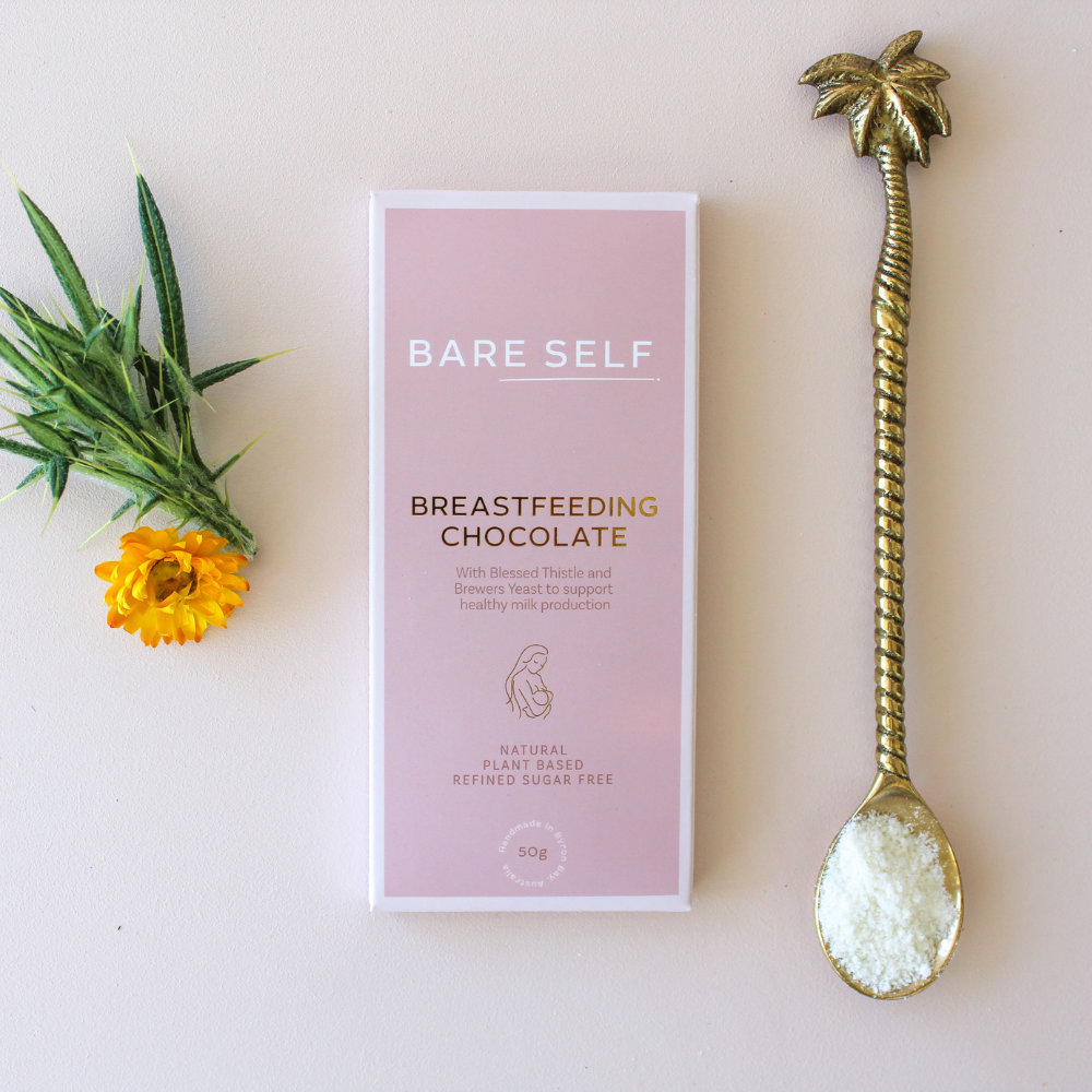 Bare Self Breastfeeding Chocolate, vegan, natural, plant based, refined sugar free, healthy chocolate. Brewers yeast and blessed thistle either side.